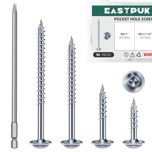 95Pcs #8 Pocket Hole Screws Assortment Kit & 20PCS Q-Hanger Hooks with Safety Buckle, 2.2 Inch White Eye Hook Screw Cup Wall Ceiling Q-Hanger Hooks, Anti-Rust Zinc Plated Pocket Screws