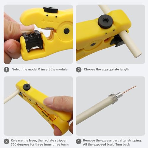 Professional Coax Cable Crimper Kit with Wire Stripper & RG6 Compression Connectors – Adjustable Coax Crimper Tool Set for TV, Satellite & Home Network Coaxial Cable Connector Installations