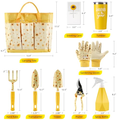 Garden Tool Set with Sunflower Print, Heavy Duty Gardening Hand Tools with Garden Tool Bag,Gardening Gifts for Women&Men,Yellow Gardener of the Year