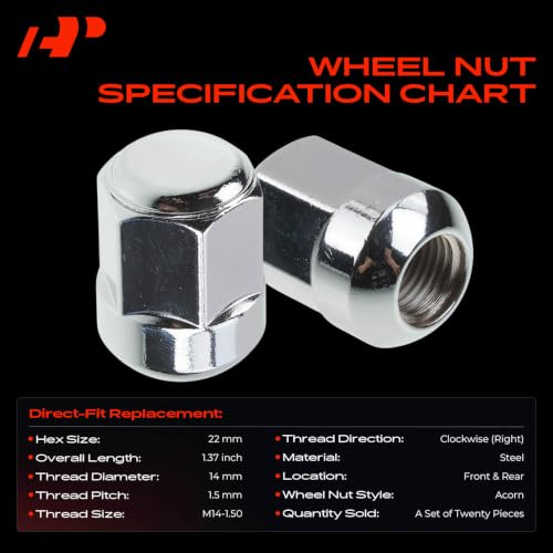 A-Premium Front & Rear M14-1.50 Wheel Lug Nuts, Set of 20 20PCS
