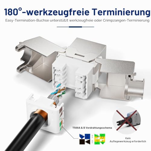 4x CAT7 Keystone RJ45 Module Socket - Tool-Free LSA Insulation Terminal for CAT7/CAT6a/CAT6 Installation Cable, 10 Gbit/s 1000 MHz, Fully Shielded STP (AWG 22-24) - For Patch Panel & Network Socket 4 Pack