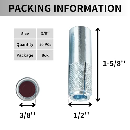 Drop-in Anchors, 50 PCs 3/8 Inch Zinc-Plated for Concrete, Secure Mounting, Industrial-Strength, Easy Installation with Tie DIABST37-3/8" Drop-in Anchor Setting Tool