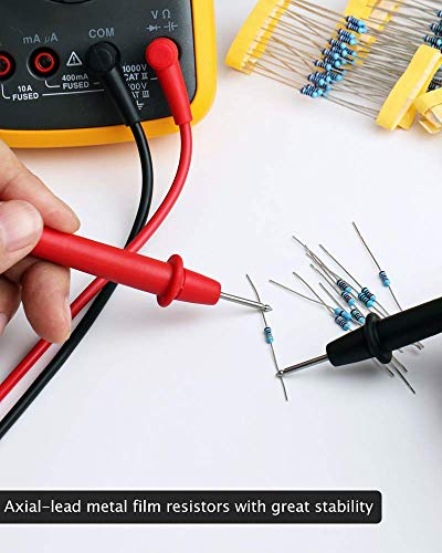 Elegoo 1/4W Metal Film Resistors Assortment Kit, 525 Pieces, 0 Ohm to 10K Ohm | ±1% Tolerance, 17 Values, 0.55mm Pins, 50 Common Values, Color Code Guide, Breadboard Compatible, for DIY & Electronics Projects