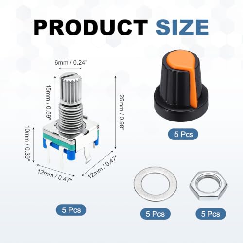 sourcing map 5Pack EC11 Rotary Encoder Code Switch, 15mm Full Shaft Digital Potentiometer 5 Pins with Push Button for Audio, DIY, Instrument Control, DVD, With Orange Plastic Knob