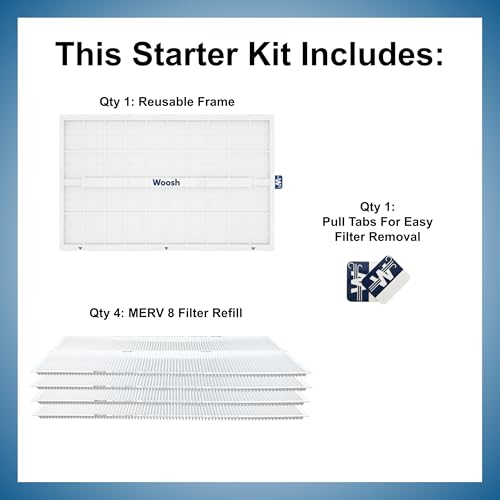 Woosh 16x25x1 Refillable Air Filter MERV 8 Furnace 4-Pack Starter Kit