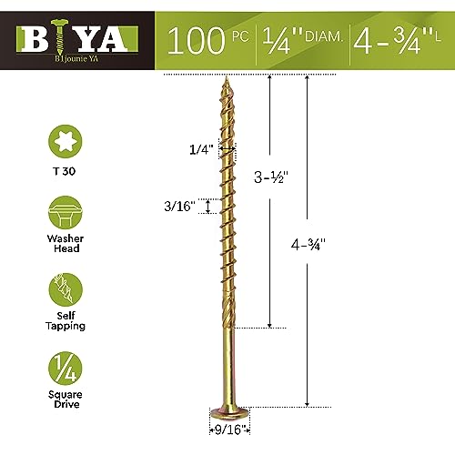 Structural Lag Screws 1/4" x 4-3/4" 100PCS Heavy Duty Wood Screws Yellow 1/4" x 4-3/4" - 100 SCREW COUNT