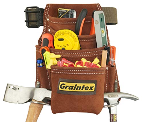 Graintex SS2976 10 Pocket Nail & Tool Pouch Brown Color Suede Leather with 2” Leather/Webbing Belt for Constructors, Electricians, Plumbers, Handymen