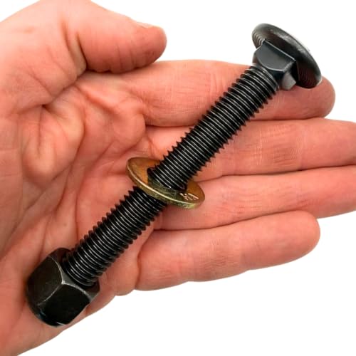 1/2"-13 x 4 Grade 8 Carriage Bolts (10-Pack) – Heavy-Duty Coarse Thread Bolts with Washers and Nylon Lock Nuts – Round Head Square Neck SAE J429 4.0" Plain Black Finish Bolts, Washers, Nuts 10