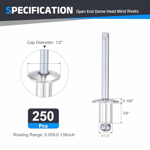 1/4" x3/8" Aluminum Blind Rivet Carbon Steel Mandrel 250Pcs Silver 1/4"x3/8" 250
