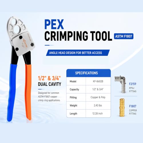 KF CPTEC PEX Crimping Tool Kit, Angle-Head 1/2 & 3/4 in Copper Ring Crimper