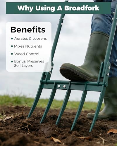 Broadfork Garden Tool, 5-Tine Manual Soil Tiller, Heavy Duty