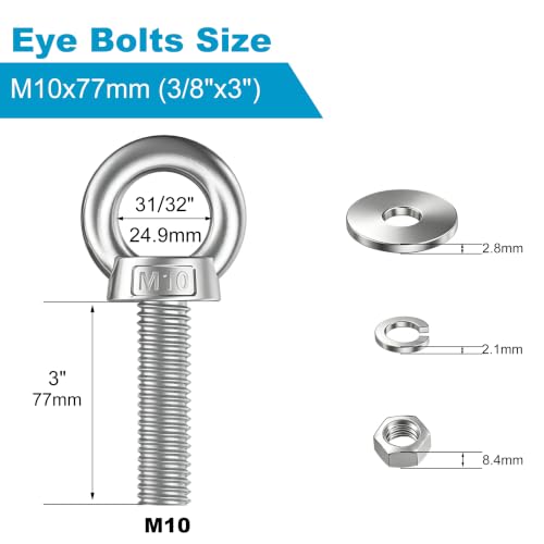 8 Pack M10 Stainless Steel Eye Bolts with Nuts and Washers, 3/8" x 3" Long Lifting Ring Eye Bolt, Heavy Duty Marine Grade 304 Eyebolts for Outdoor String Light Hanging, Tie Down Anchors M10x77mm (3/8"x3") 8