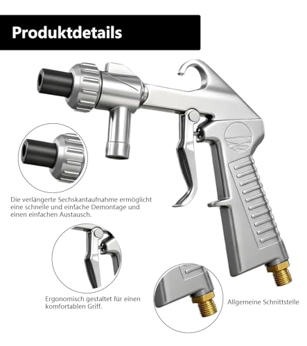 Sandblasting Gun Compressed Air Set, Sand Blasting Devices with Long Nozzle, 5 mm/6 mm Calibre, Suction Conveyor, 1 M Rubber Hose, Air Intake Connection, Degreaser and Blasting Agent for Surface Treatment