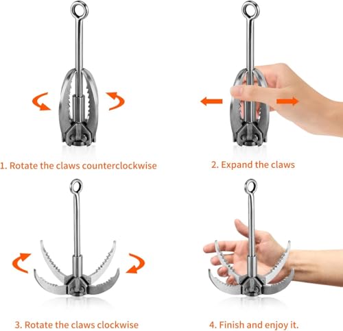Grappling Hook, Anchor Hook with 4-Claw Folding Stainless Steel Hooks for Anchor Retrieving, Outdoor Hiking, Tree Limb Removal,Water Lifting Salvage Silver 4 Claw