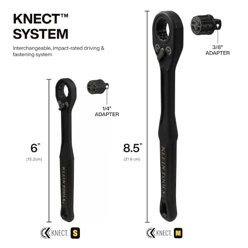 KLEIN TOOLS 65408ADP KNECT (M) Pass Through Ratchet and 3/8-Inch Socket Adapter Set, 90-Tooth Wrench for Extended Threaded Rods, Compact and Comfortable Grip, Traditional Socket Compatibility (M) 3/8-Inch