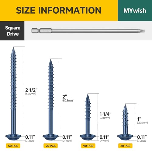 Mywish 190Pcs #8 Pocket Hole Screws, Wood Screws Assortment Kit & Blue 190Pcs #8 x 1, 1-1/4", 2", 2-1/2", Self Tapping Pocket Screws with Square Drive, with 150MM Pocket Hole Drill Bit