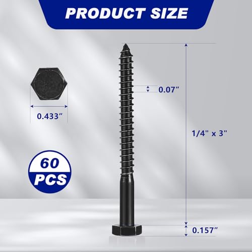 Blulu 60 Pcs 1/4" x 3" Hex Head Lag Screws 304 Stainless Steel Lag Bolts for Wood Plain Finish Hexagon Head Wood Screws (Black) 1/4" x 3" Black