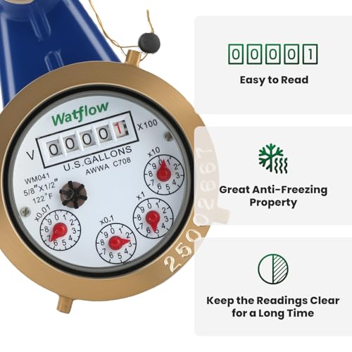DN15 Vertical Water Meter with 1/2" NPT Couplings, Heavy Brass Cold Water Meter Measuring in Gallon, AWWA 708 Certification for Garden/Home/Apartment. 1/2" Cold, cu m,gal