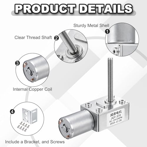 sourcing map JGY-370 24V 18RPM DC Worm Gear Motor M6 Thread Shaft High Torque Turbine Worm Gear Box Reducer Electric Motor with Fastener L-Shaped Bracket for Ovens, Projectors