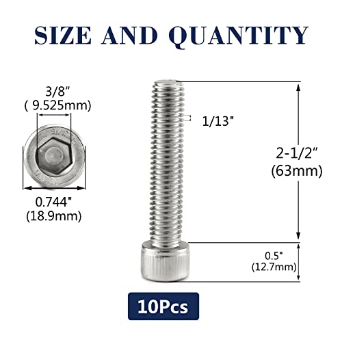 1/2-13 x 2-1/2" Socket Head Cap Screws Bolts, 10Pcs 304 Stainless Steel 18-8, Allen Socket Hex Drive, Full Thread, Bright Finish by SG TZH(with Hex Spanner)