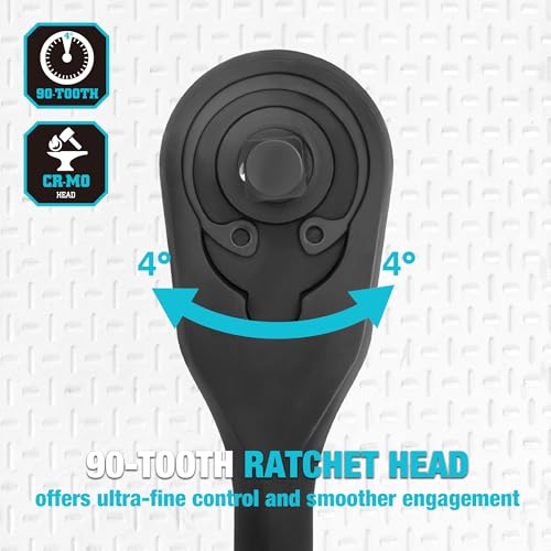 DURATECH Extra Long Handle 1/2-Inch Drive Ratchet, 90-Tooth Ratchet Wrench 1/2" with 15" handle
