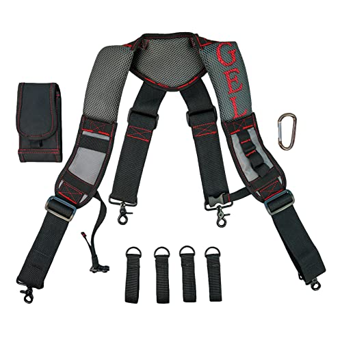 MELOTOUGH Gel Construction Work Suspender Tool Belt Suspenders with Gel shoulder pad Detachable Phone Holder and Padded Tool Belt with D ring for men construction