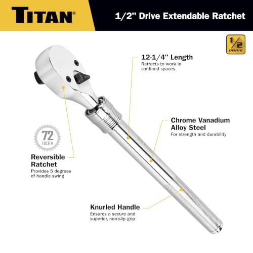 Titan 12182 1/2-Inch Drive x 12-1/4-Inch to 17-3/4-Inch 72-Tooth Extendable Ratchet Knurled Handle