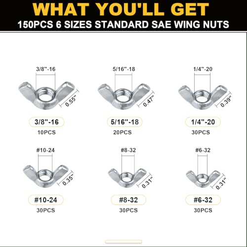 Siptenk 300PCS Metric & SAE Wing Nuts Assortment Kit M3-M12 6-32 to 3/8"-16 300 SAE & Metric
