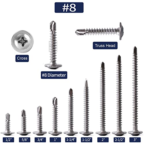 #8 x 1-1/4" Sheet Metal Screws 500PCS 410 Stainless Steel Truss Head Fast Self Tapping Screws by SG TZH #8 x 1-1/4" Silver 500