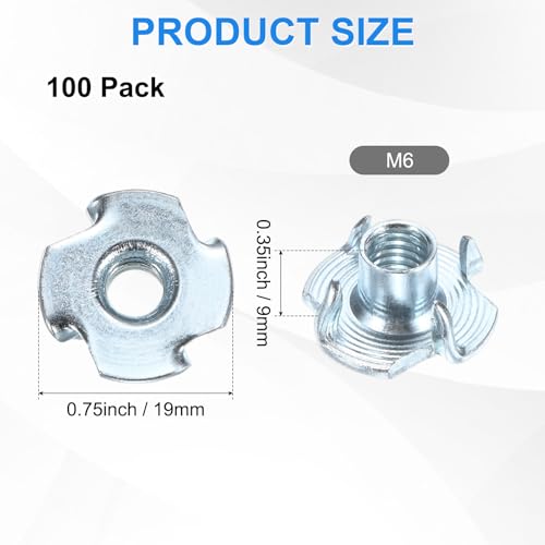 M METERXITY 100-Pack M6x9mm T-nut, 4-Pronged Tee Nut Threaded Insert