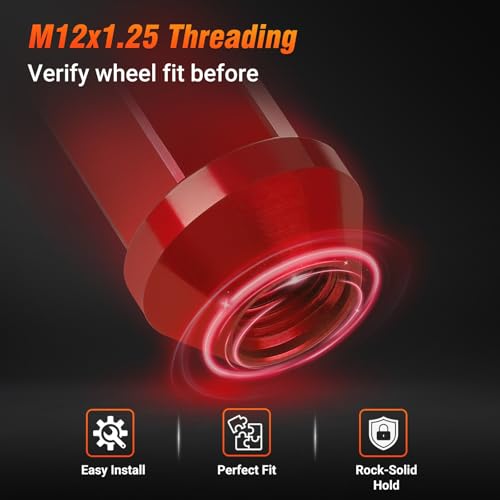 M12x1.25 Lug Nuts - 20 PCS 7075-T6 Aluminum Alloy 50mm Closed-End Lug Nuts, 1.95" 49.5mm Tall, Conical Seat 60 Degree, Tall Knurled Top Wheel Lug Nut (Red) Red