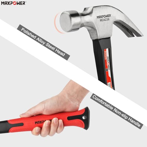 MAXPOWER Hammer and Pry Bar Set, 20oz Claw Hammer &15-inch Flat Pry Bar 20oz Claw Hammer Set