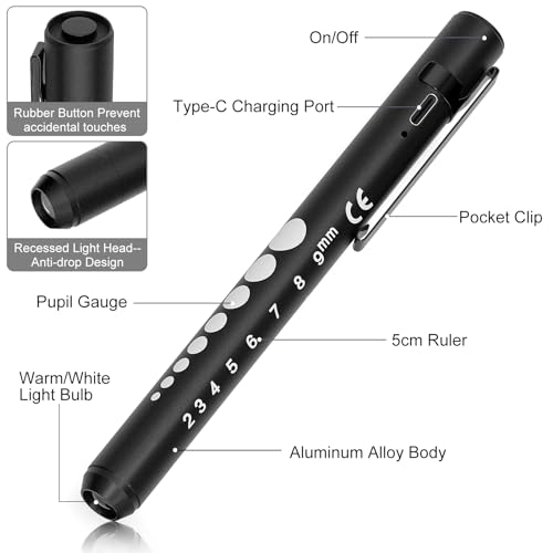 RISEMART Pupil Light Diagnostic Light with Pupil Meter and Ruler, Warm/Cool White, Rechargeable USB LED Pen Lamp for Nurses, Students, Doctors (Black) black