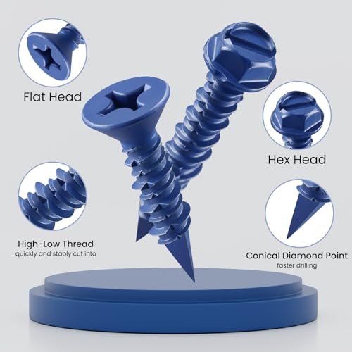 100Pcs 1/4 x 2-1/4 Inch Concrete Screws Anchor with Drill Bit, Blue Hex Head Masonry Brick Stucco Cement Block Screws, Diamond Point 1/4"x2-1/4" Blue-Hex Head 100