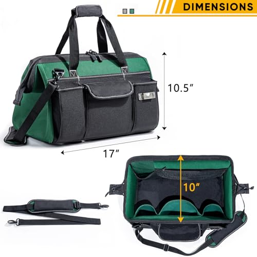 Large Heavy Duty Tool Bag for Men – 17" Toolbox Organizer with 22 Pockets & Wrench Holder – Wide Mouth Tool Tote with Anti-Slip Base – Gift for Handyman, Mechanic, Father's Day Large - 17” Green