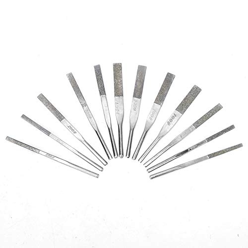 12pcs 3mm Shank Taper Machine Files for Reciprocating Grinding, Repairing, Stone Carving and Engraving with Emery Blade, Alloy Shank and 100#,150#,200#,300# Grit