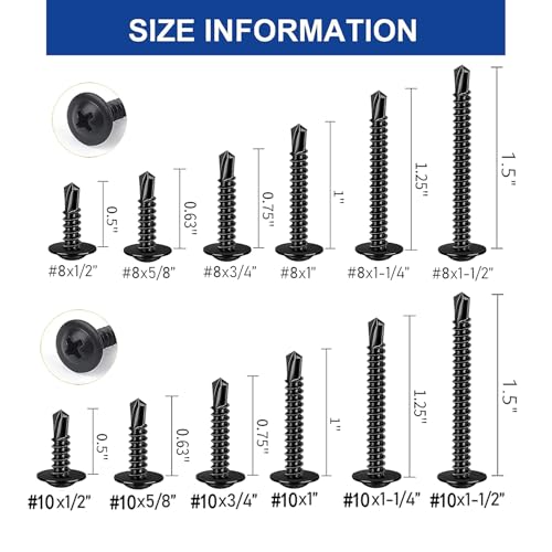 500PCS 410SS Sheet Metal Self-Drilling Screws Phillips #8#10 Assortment #8 #10X1/2" to #8 #10X1-1/2'' suit BLACK