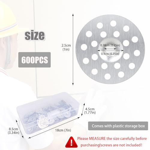 600Pcs 1 Inch Plated Plaster Washers, Metal Foam Board Washers Fasteners for Screws Plaster Repair Rings Profile Washer and Wall Ceiling Drywall Plaster Repair(with Storage Box) Zinc Plaster Washers