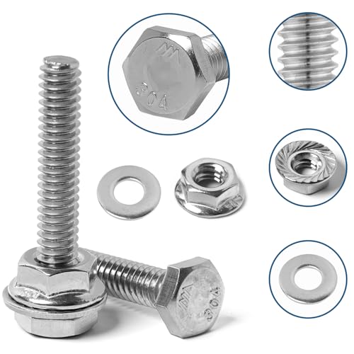 1/4-20 Hex Bolts Screws Flange Hex Nuts Flat Washers Kit, Stainless Steel 304, Fully Threaded Hex Bolt 1/4-20 x 1/2" 3/4" 1" 1-1/4" 1-1/2" 1-3/4" 2" Length