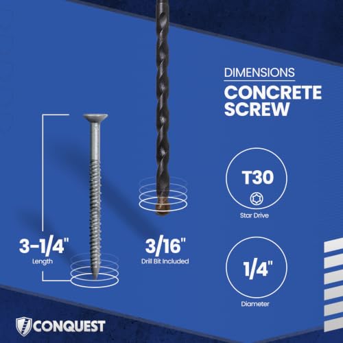 Conquest T-30 Flat Head Concrete Screws with Drill Bit 1/4” x 3-1/4” 1/4" x 3-1/4"