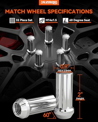 YIZBAP 14mmx 1.5 OEM Lug Nuts, 32Pcs M14x1.5 Lug Nuts with 1 Socket Key Silver 32 PCS