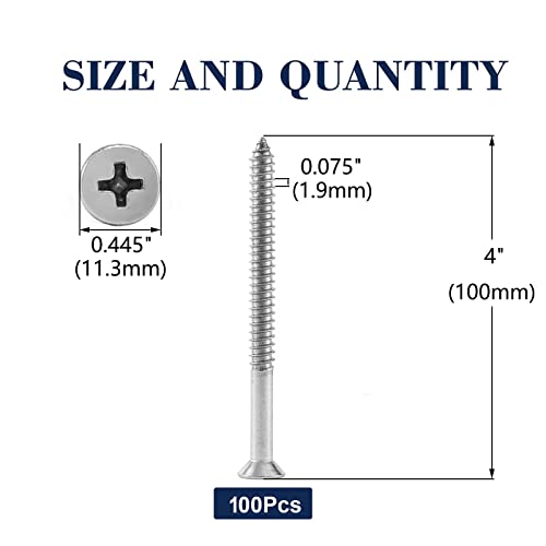 #14 x 4 Wood Screw 100Pcs 18-8 (304) Stainless Steel Screws Flat Head Phillips Fast Self Tapping Drywall Screws by SG TZH #14 x 4"