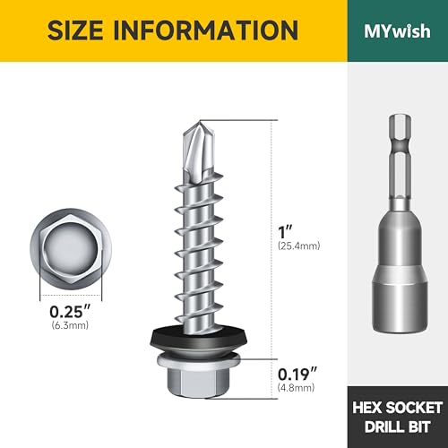 Mywish 385 Pieces #8#10#12 Hex Head Self Drilling Screws Assortment Kit & 100pcs #10 x 1 Hex Head Self-Drilling Sheet Metal Roofing Screws, High Strength Sheet Metal Screws