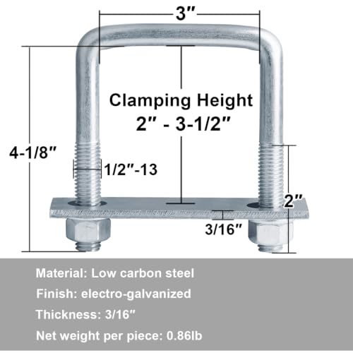 4 Pcs 3 Inch Wide Square U-Bolt, 1/2" x 3" W x 4-1/8" L 1/2" x 3-1/8"W x 4-1/8"L
