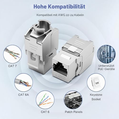 Pack of 2 CAT 7 Keystone RJ45 Module Socket for CAT7 CAT6 CAT6a, Toolless LSA, 10 Gbit/s Transmission, Fully Shielded STP, Gold-Plated Contacts, CAT 7 Keystone Jack for Patch Panel and Network Sockets