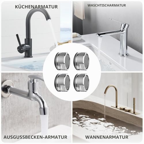 Pack of 4 Aerators for Taps M24 - Stainless Steel Tap Attachment for Kitchen and Bathroom - Aerator Insert D24 mm with Fine Sieve and External Thread