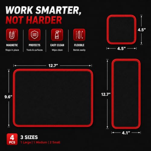 Magnetic Tool Mat Set – 4 Magnetic Pads (Large, Medium, 2 Small) with Telescoping Pickup up to 30.5" & 360° Mirror up to 29.9", 40LB Parts Holder for Garage, Workshop, Auto ‎4 Mats & Pickup Tools & Inspection Mirror