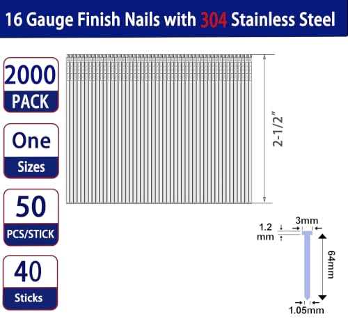 HW HAMWOO 16 Gauge Finish Nails of 304 Stainless Steel,2-1/2",2000Pcs 2-1/2"---2000pcs