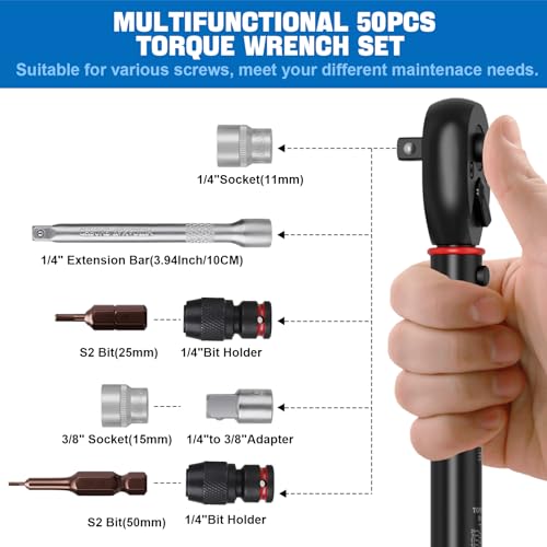 SUERCUP 3-25Nm 1/4" Torque Wrench 50 PCS Set 1/4" 3-25N.m 50PCS