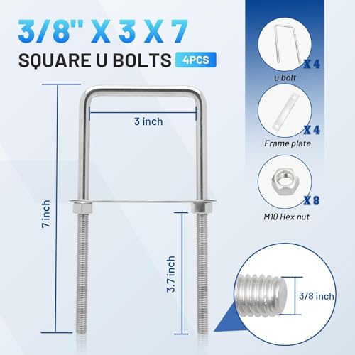 Anina 4PCS Square U Bolts with Frame Plates and Nuts Stainless Steel U Clamp Bolts for Wood, Sailboat Trailers, Tube, Industrial Supplies 3/8'' x 4'' x 7'' Thread +3/8'' X 3'' X 7''